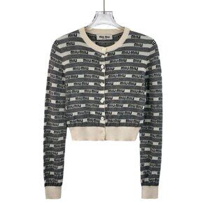 Miu Miu Womens Black & White Logo Print Cashmere Blend Cardigan Sweater Size 38